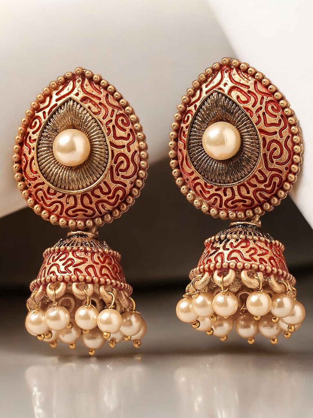 

Anouk Teardrop Shaped Meenakari Enamel Jhumkas, Gold