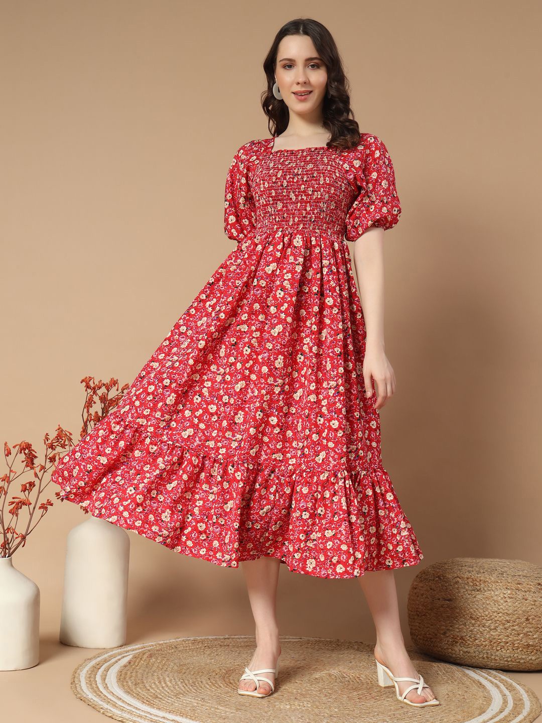 

OTABU Floral Print Puff Sleeve Crepe A-Line Midi Dress, Rose