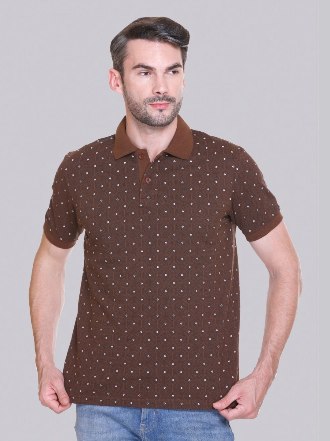 

ELPIDA Men Conversational Printed Polo Collar Cotton T-shirt, Coffee brown