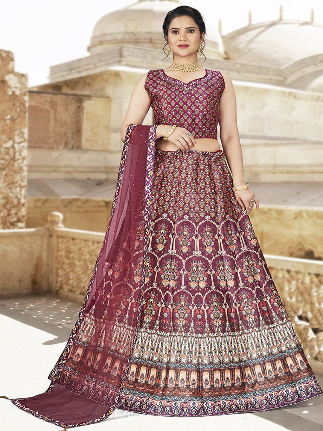 

Krimmple Printed Beads and Stones Ready to Wear Lehenga & Blouse With Dupatta, Maroon