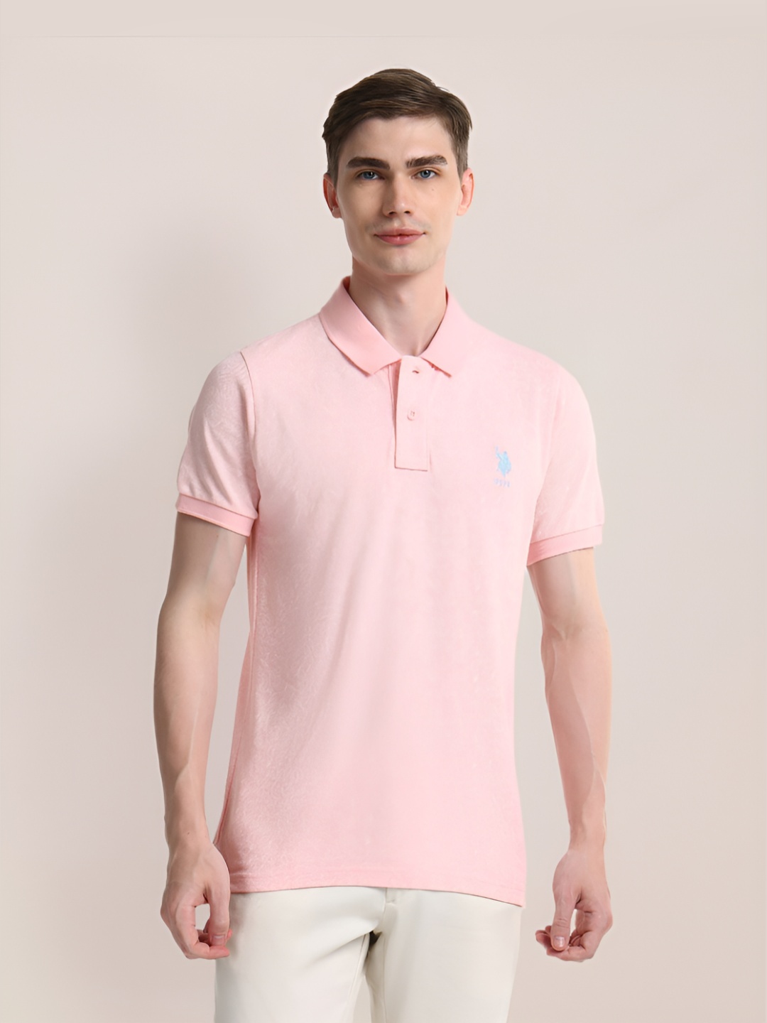 

U.S. Polo Assn. Men Floral Printed Polo Collar Pure Cotton Slim Fit T-shirt, Pink