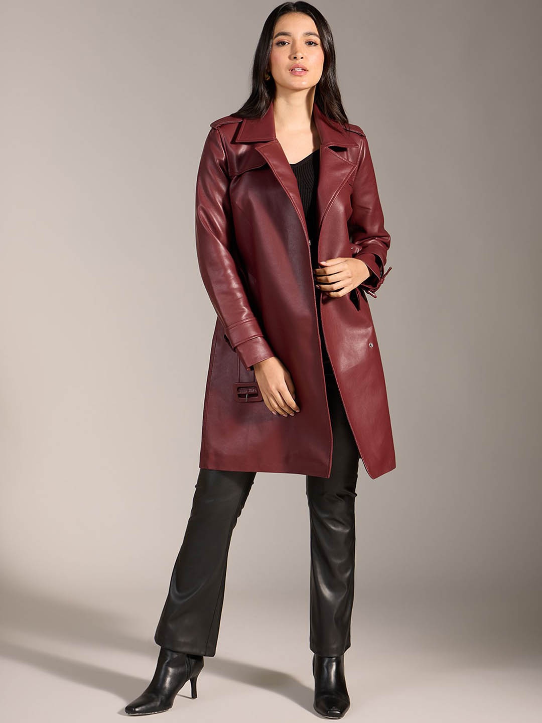 

20Dresses Women Solid Notched Lapel Overcoat With Belt, Maroon