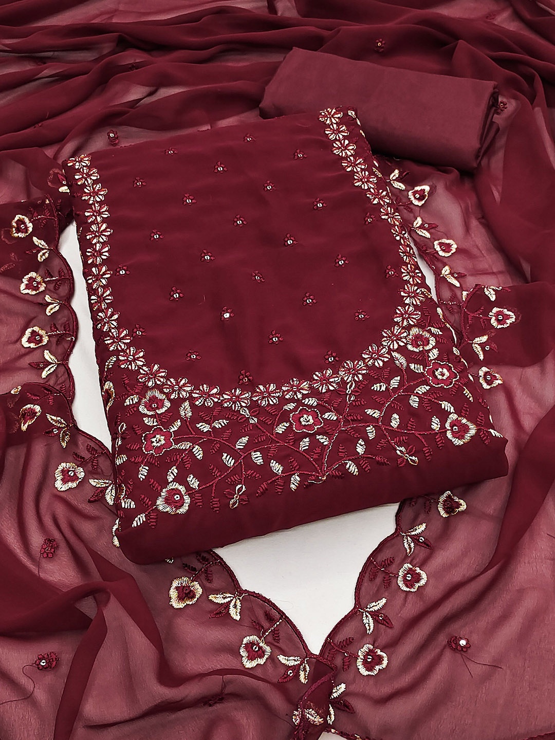 

Maroosh Floral Embroidered Sequinned Unstitched Dress Material, Maroon