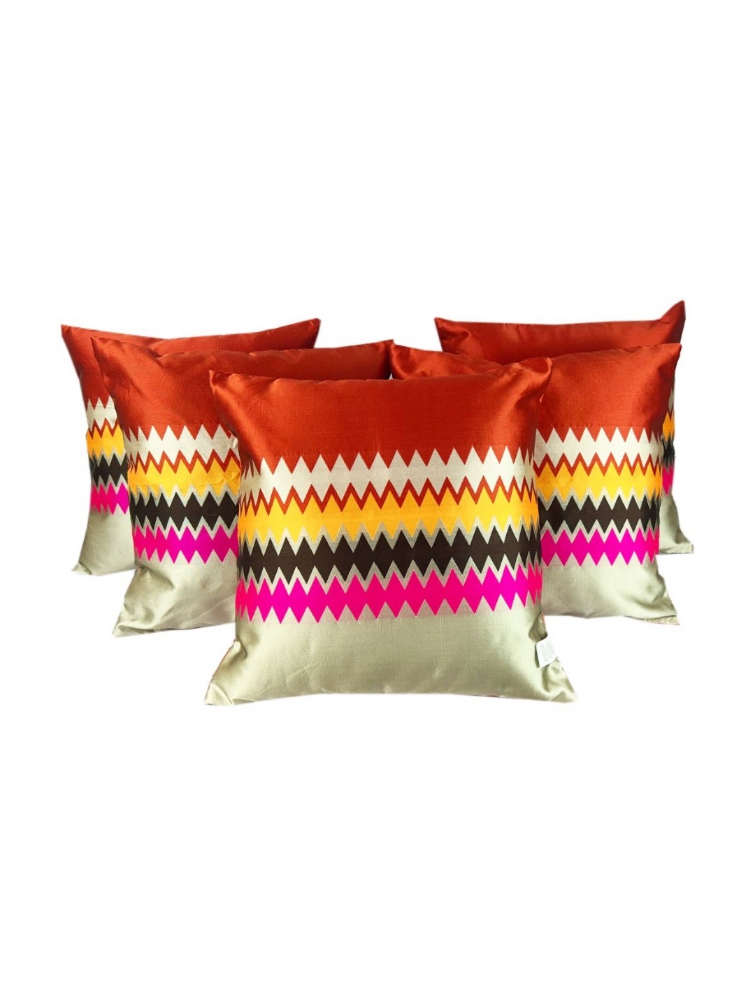 

Pink Parrot Red & Gold-Toned 5 Pieces Jacquard Silk Geometric Square Cushion Covers