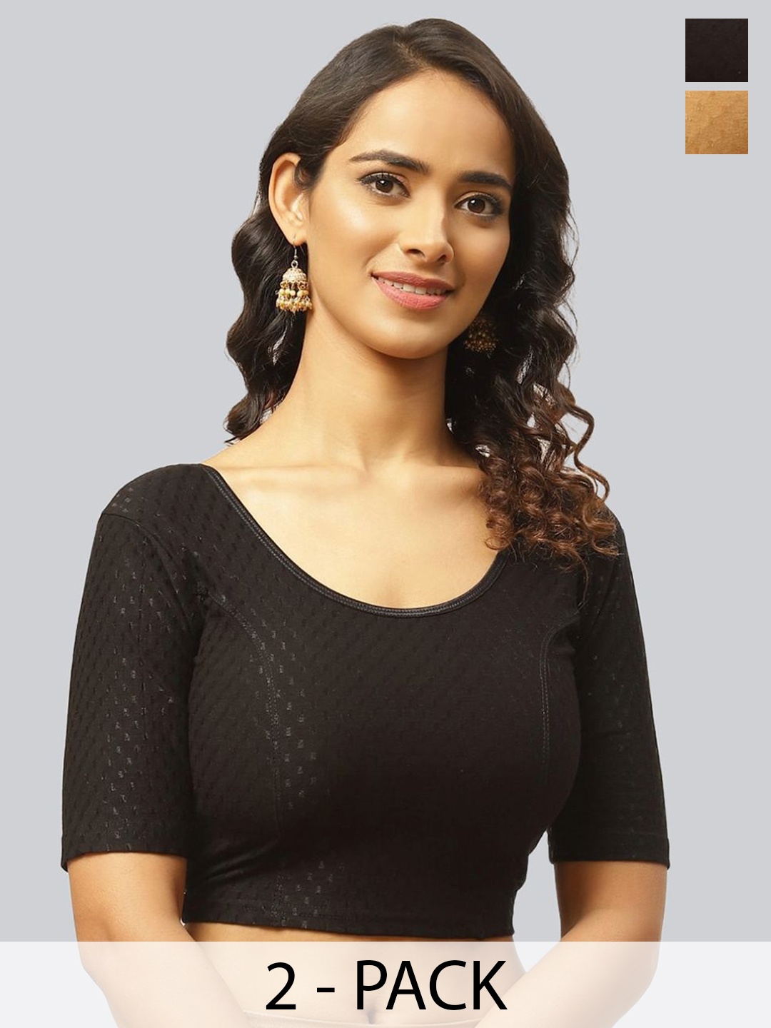 

Fressia Fabrics Pack Of 2 Self Design Saree Blouses, Black