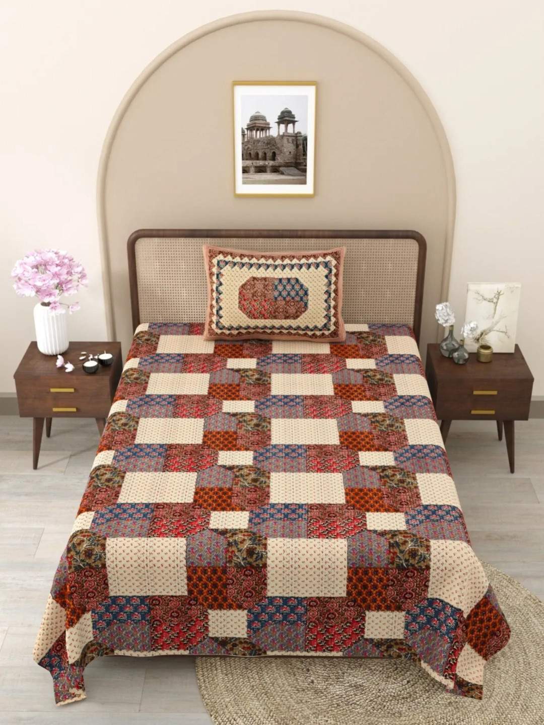 

LIVING ROOTS Blue & Orange Ethnic Motifs Cotton 144 TC Single Bedsheet with 1 Pillow Cover