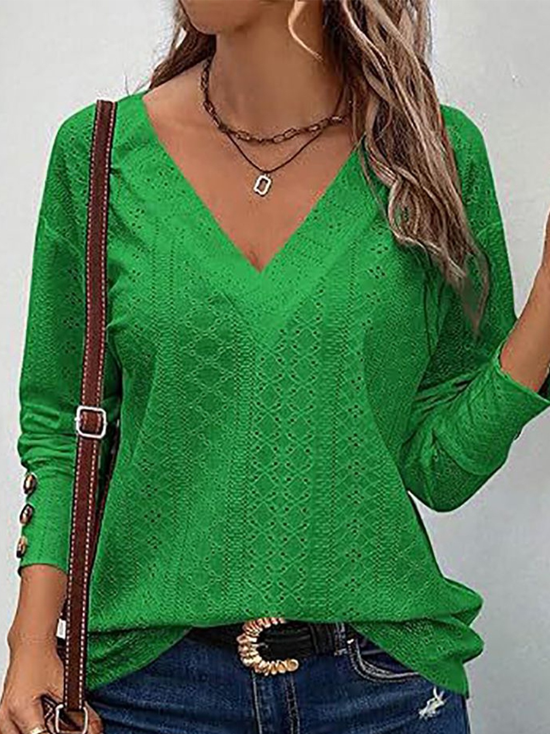 

StyleCast x Revolte Women Self Design V-Neck Top, Green