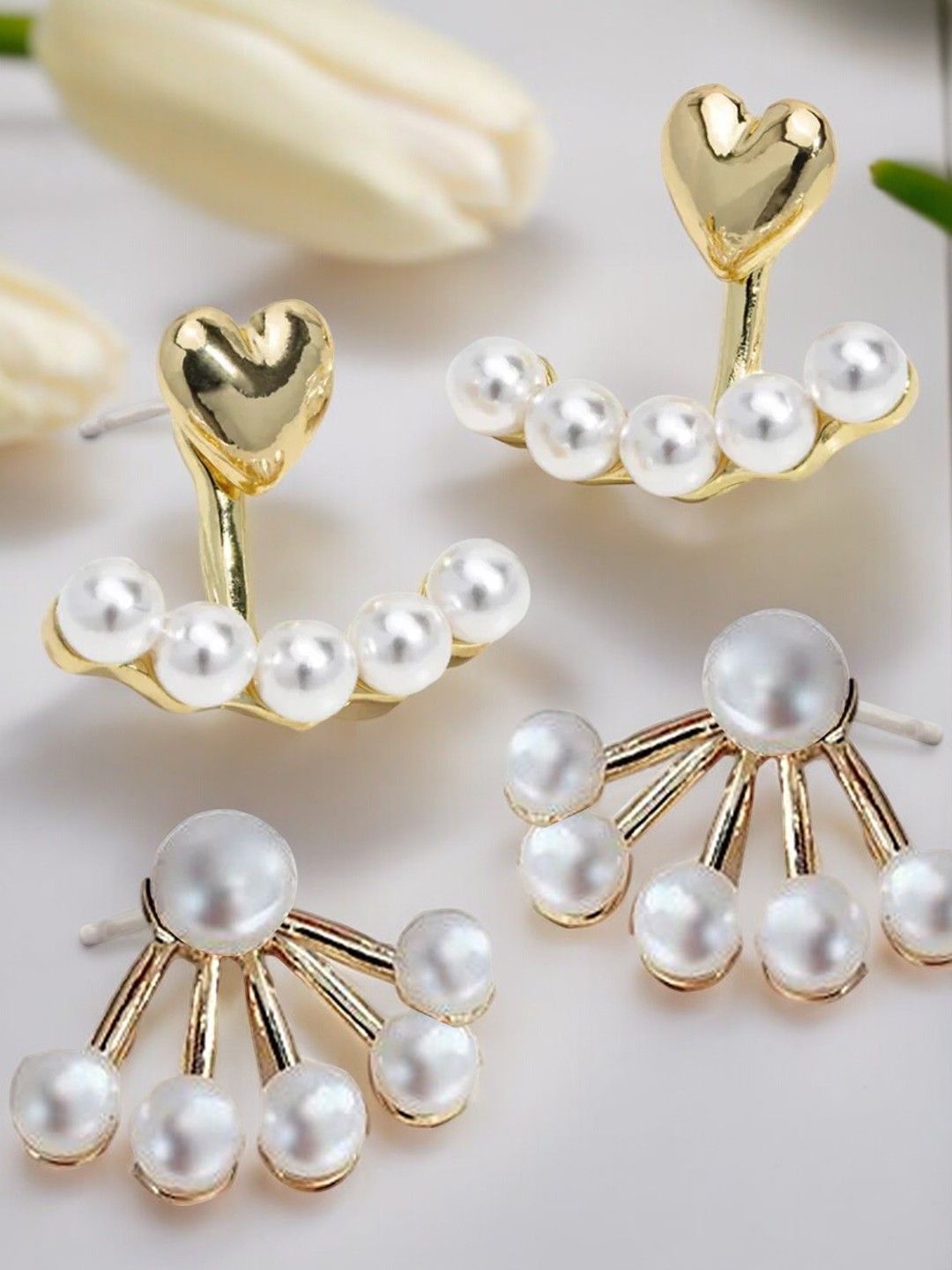 

DressBerry Set of 2 Heart Shaped Pearl Ear Jacket Studs, Gold