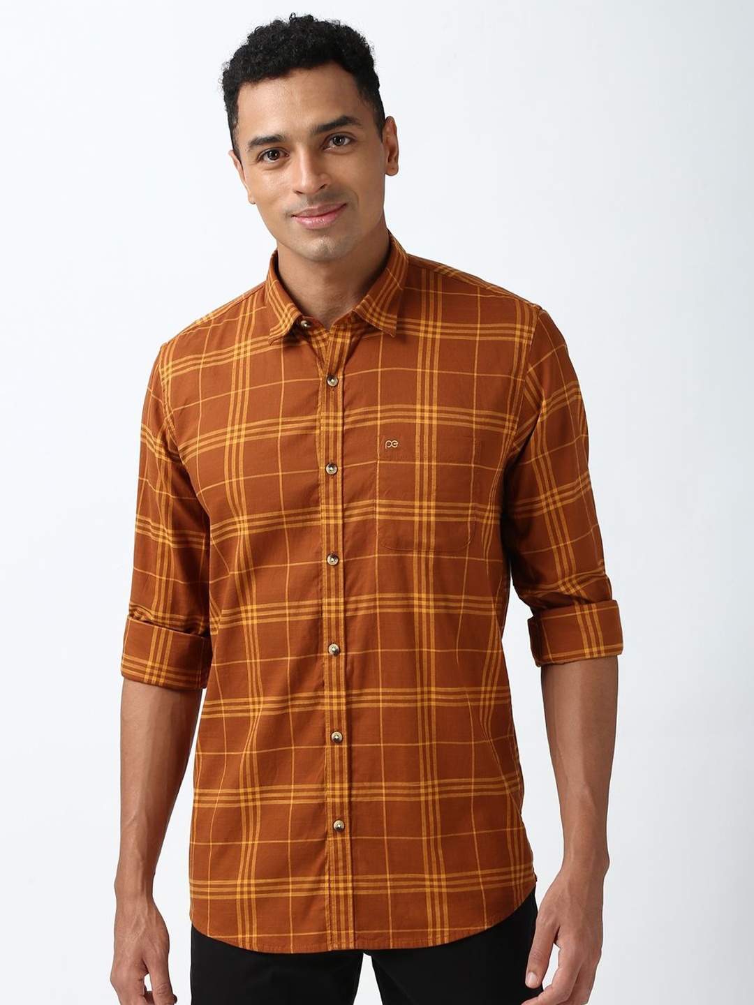 

Peter England Casuals Men Slim Fit Opaque Checked Casual Shirt, Brown