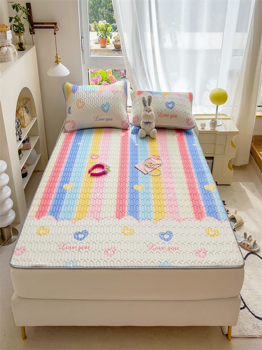 

JC HOME Cream & Blue Striped 160 TC Queen Fitted Bedsheet With 2 Pillow Covers