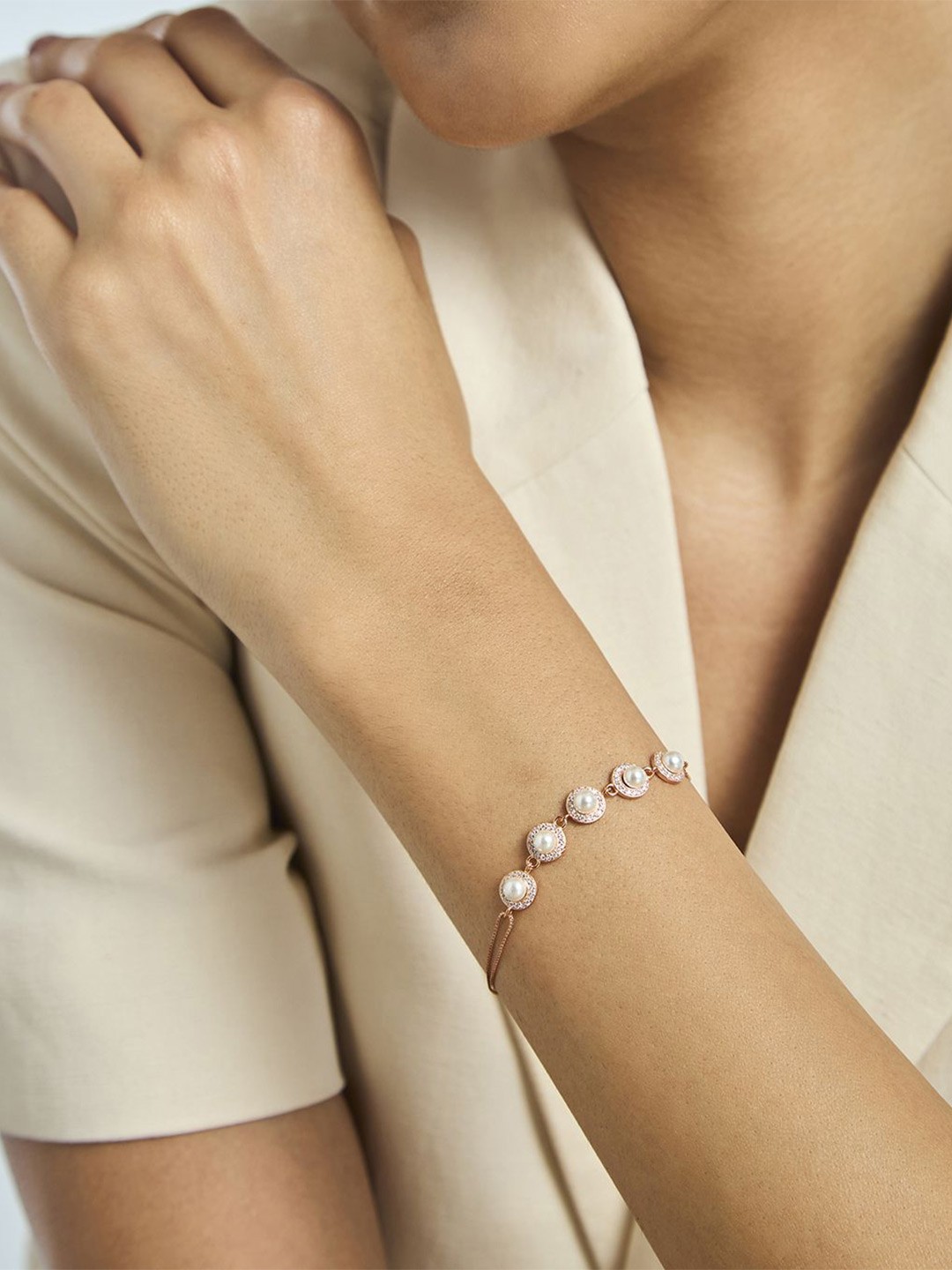 

Kushal's Fashion Jewellery 92.5 Pure Silver Rose Gold-Plated CZ Wraparound Bracelet