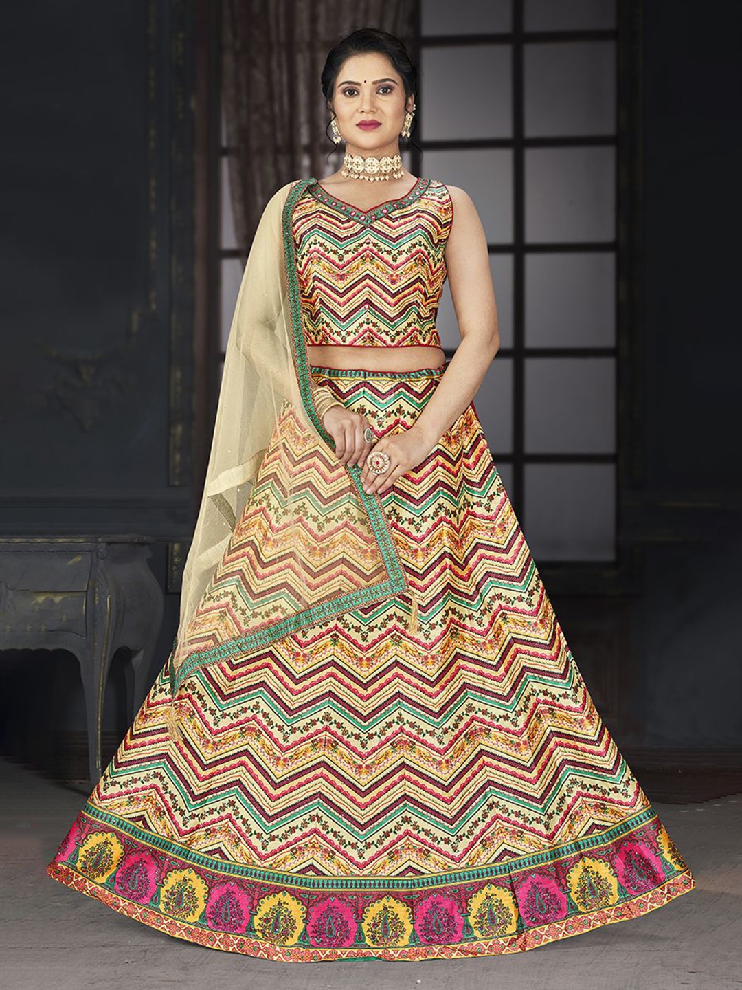 

Krimmple Printed Beads and Stones Ready to Wear Lehenga & Blouse With Dupatta, Yellow