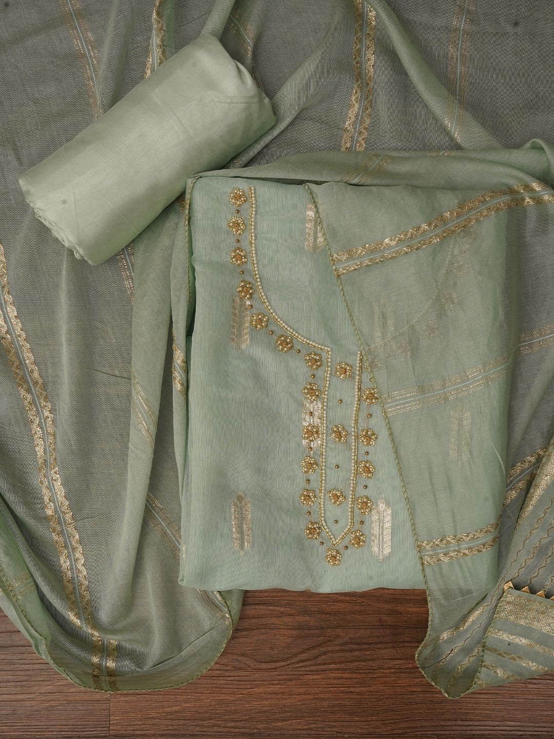 

Jaipur Kurti Unstitched Zari Silk Blend Dress Material With Dupatta, Green