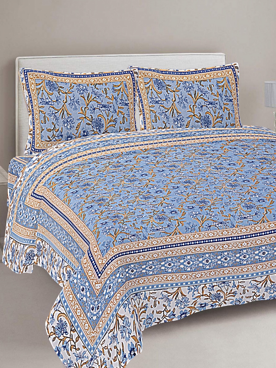 

FrionKandy Living Blue Floral Printed Cotton 180 TC King Bedsheet with 2 Pillow Covers