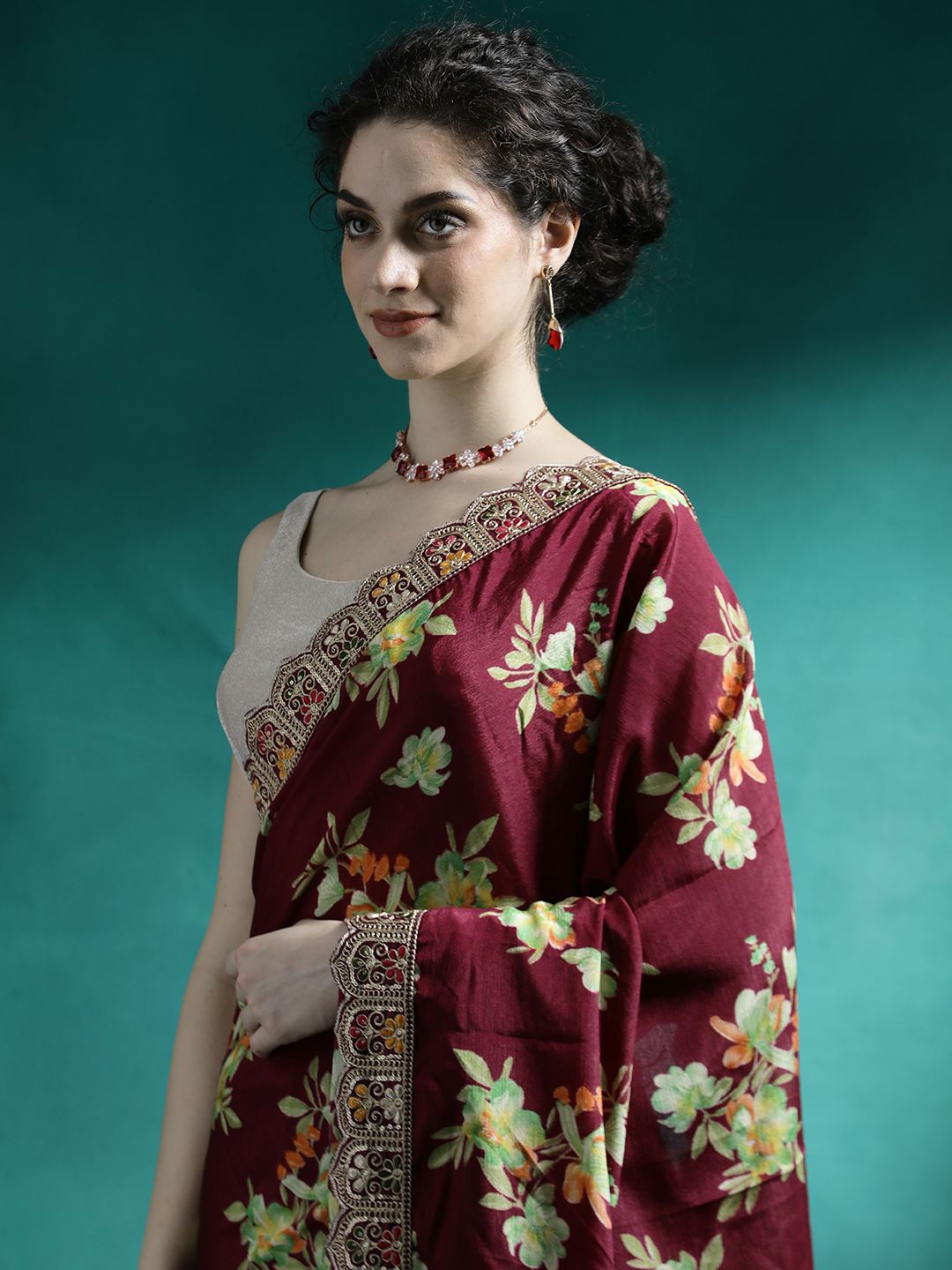 

Sangria Floral Printed With Embroidered Border Saree With Unstitched Blouse Piece, Brown