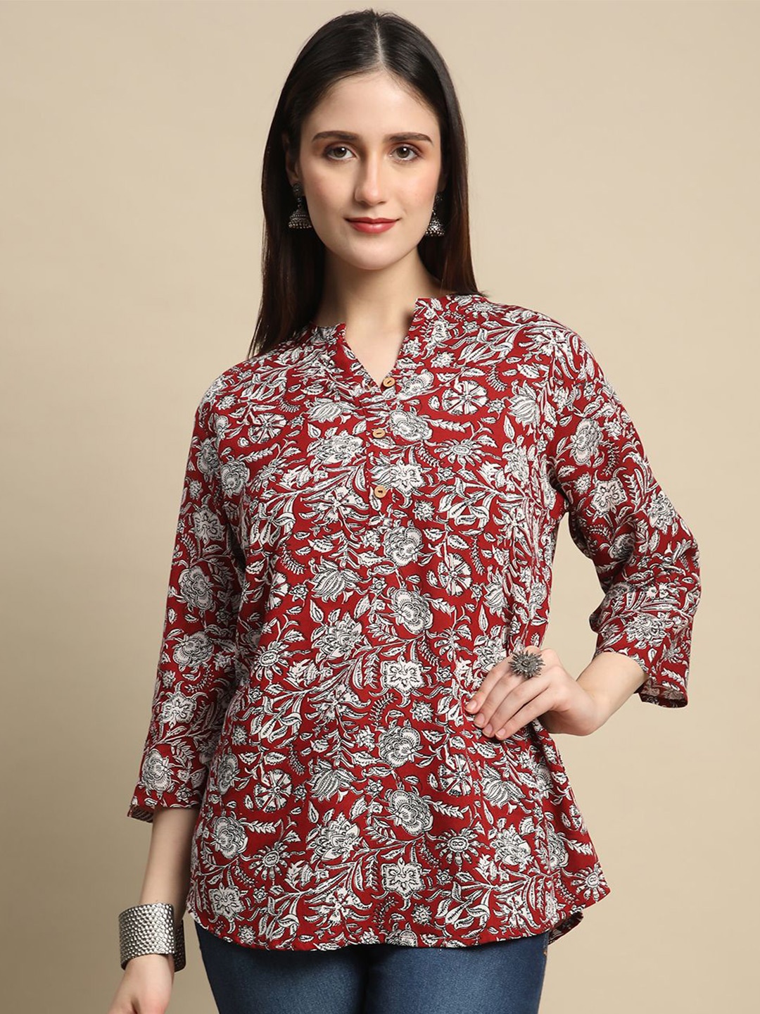 

BAPS Floral Printed Pure Cotton Kurti, Maroon