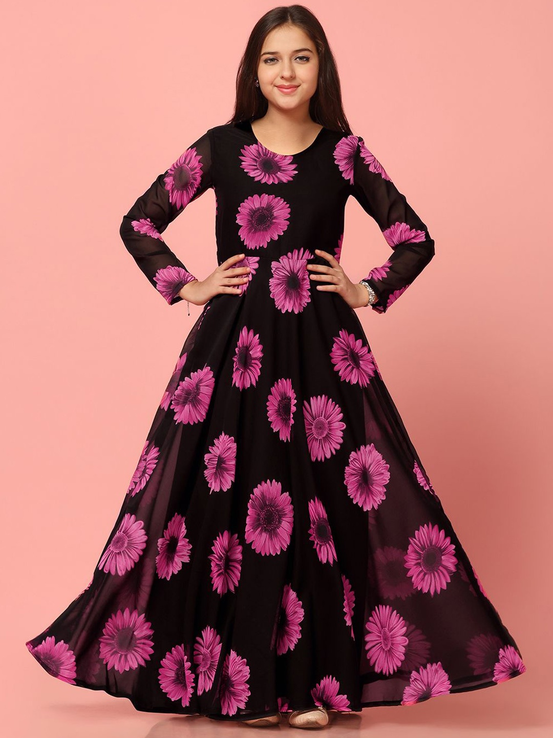 

BAESD Girls flora printed Fit & Flare Maxi Ethnic Dresses, Black