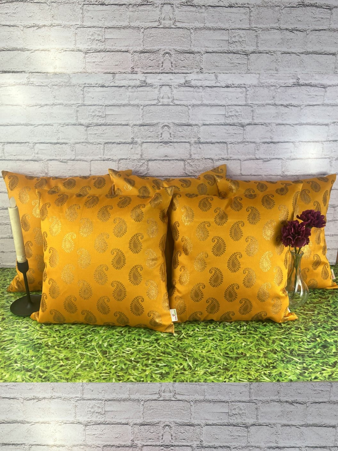 

Pink Parrot Yellow 5 Pieces Ethnic Motifs Printed Jacquard Square Cushion Covers