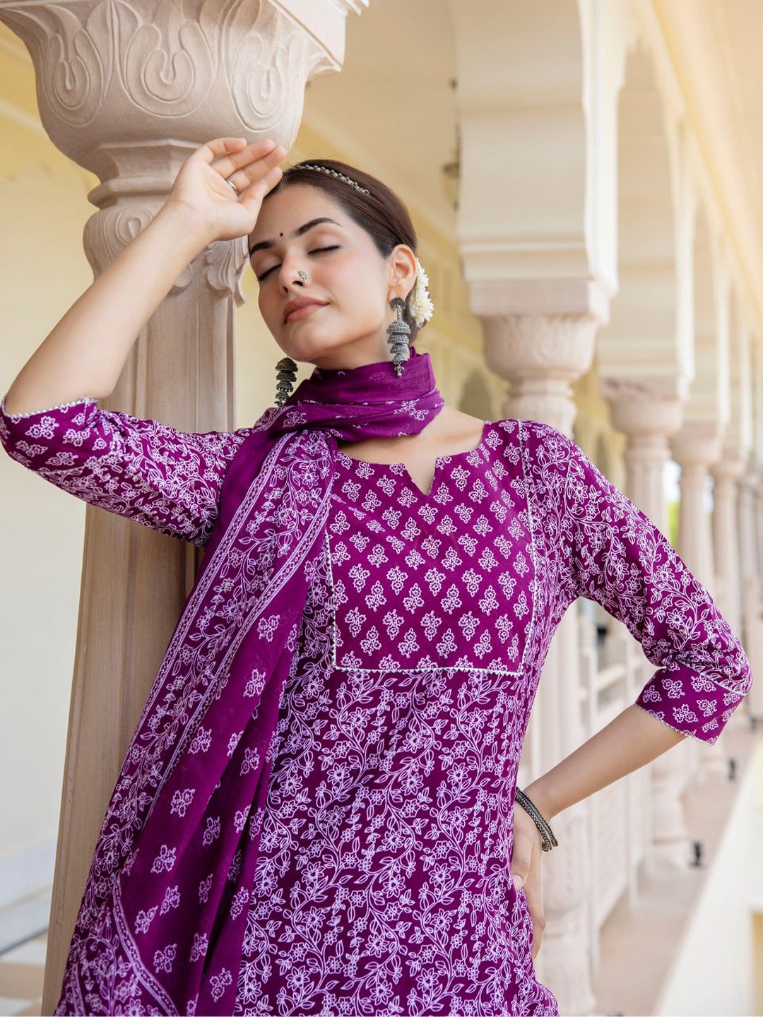 

Anouk Purple Floral Printed Gotta Patti Straight Kurta With Trouser & Dupatta