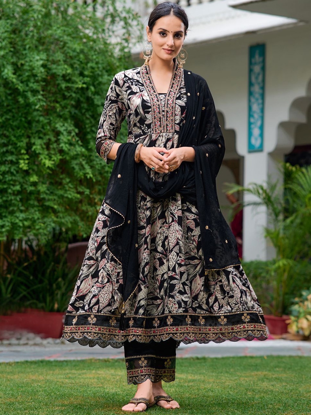 

KALINI Floral Printed Thread Work Anarkali Kurta With Trousers & Dupatta, Black