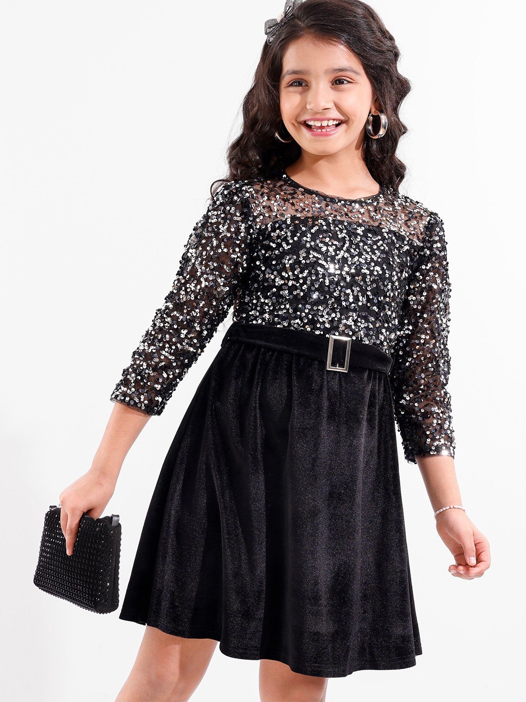 

Hola Bonita Girls Sequinned Round Neck Fit & Flare Three-Quarter Sleeves Above Knee Dress, Black