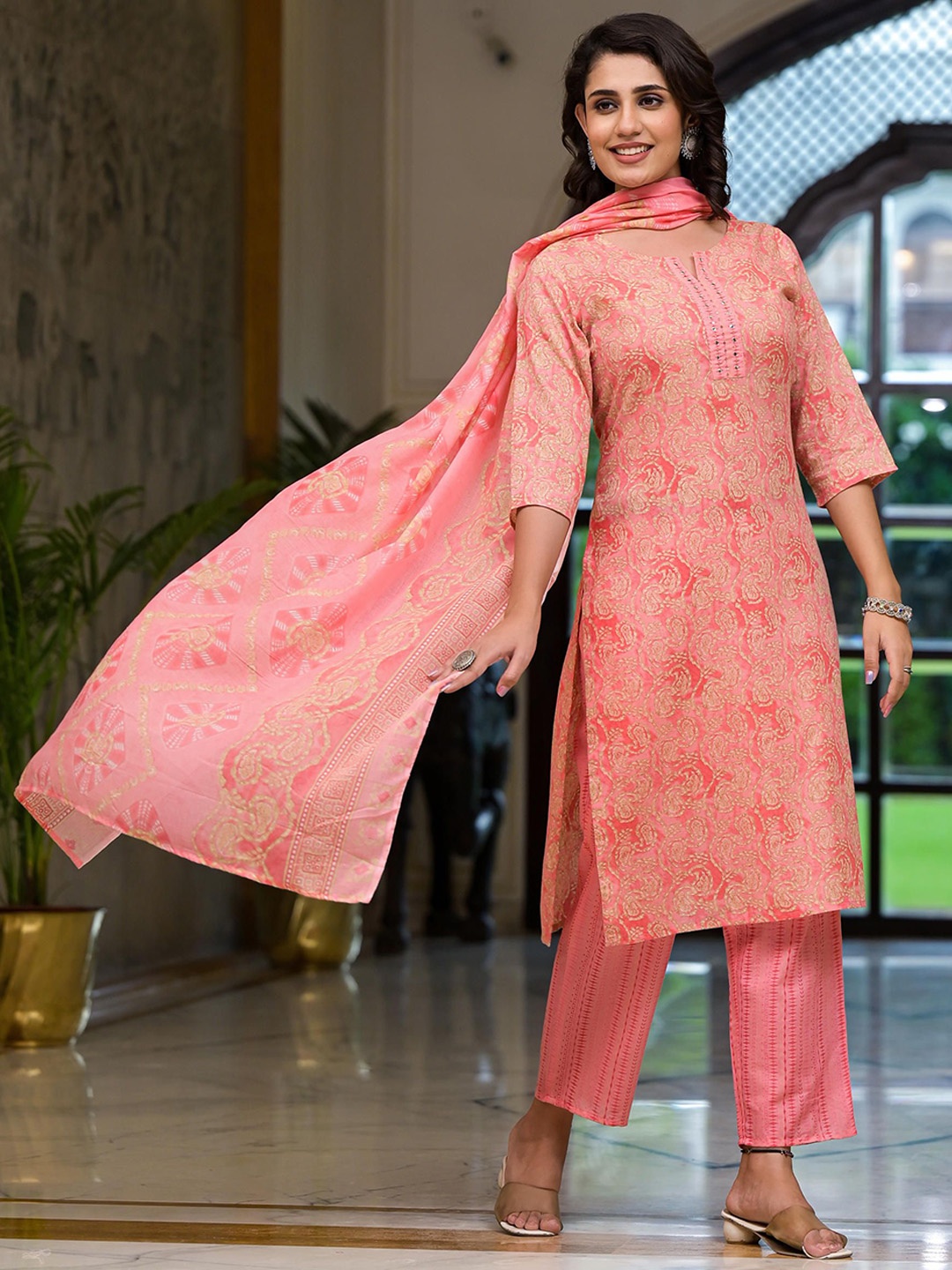 

Juniper Paisley Printed Notch Neck Mirror Work Straight Kurta With Trousers & Dupatta, Pink