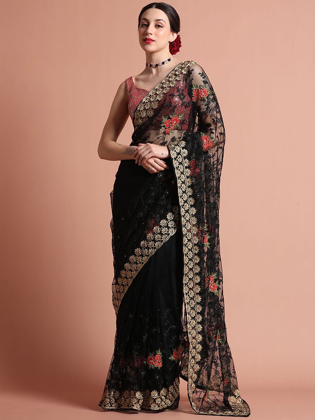 

Jaipur Kurti Floral Embroidered Net Party Wear Saree, Black