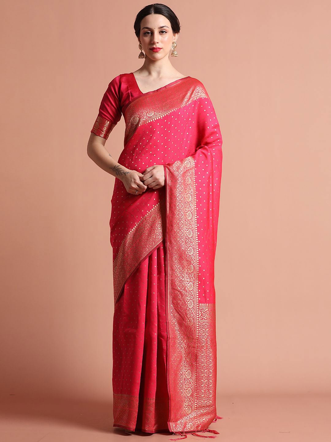 

Jaipur Kurti Silk Banarasi Zari Woven Heavy Saree, Pink