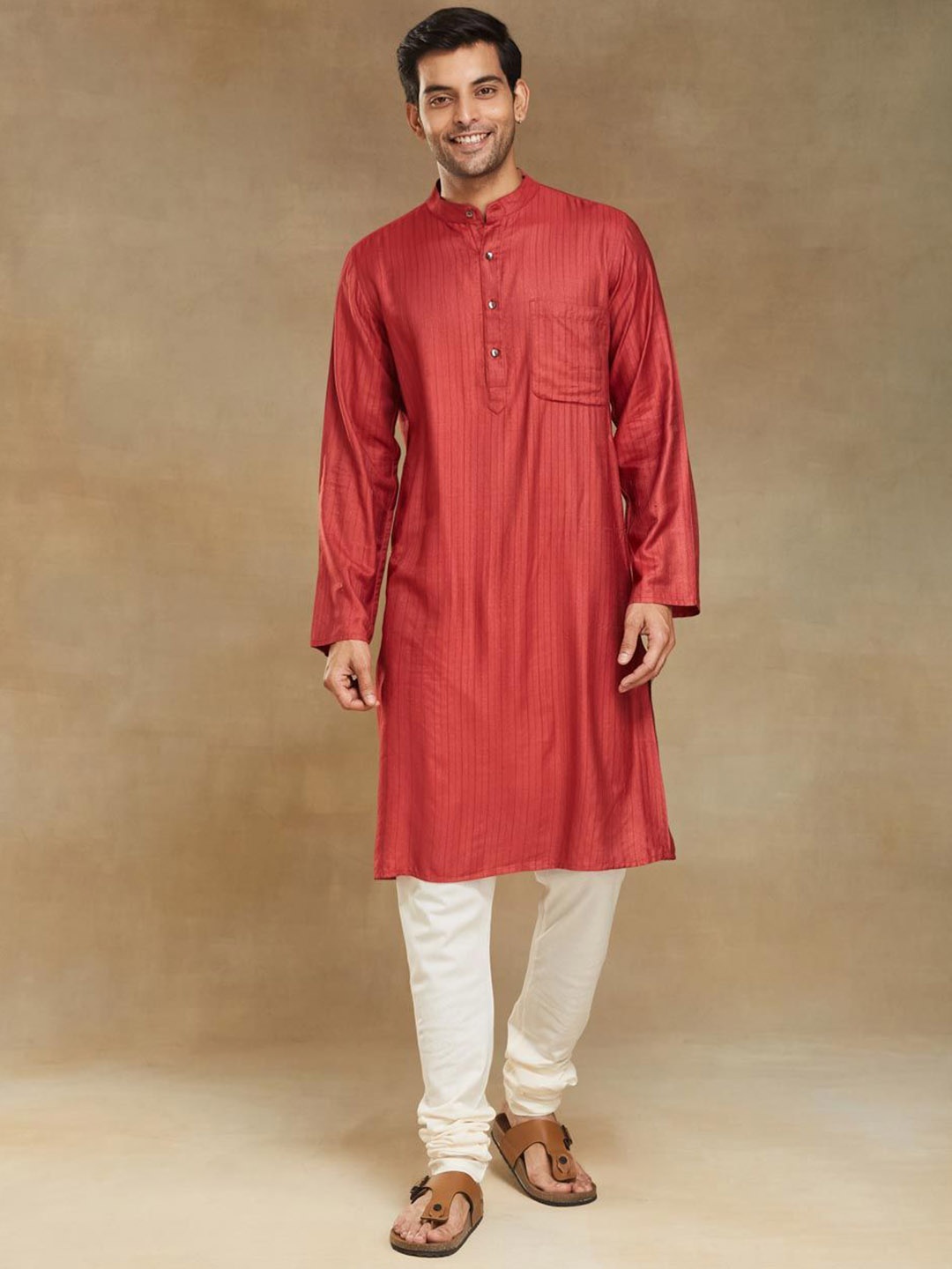 

Fabindia Striped Mandarin Collar Dobby Weave Straight Kurta, Red