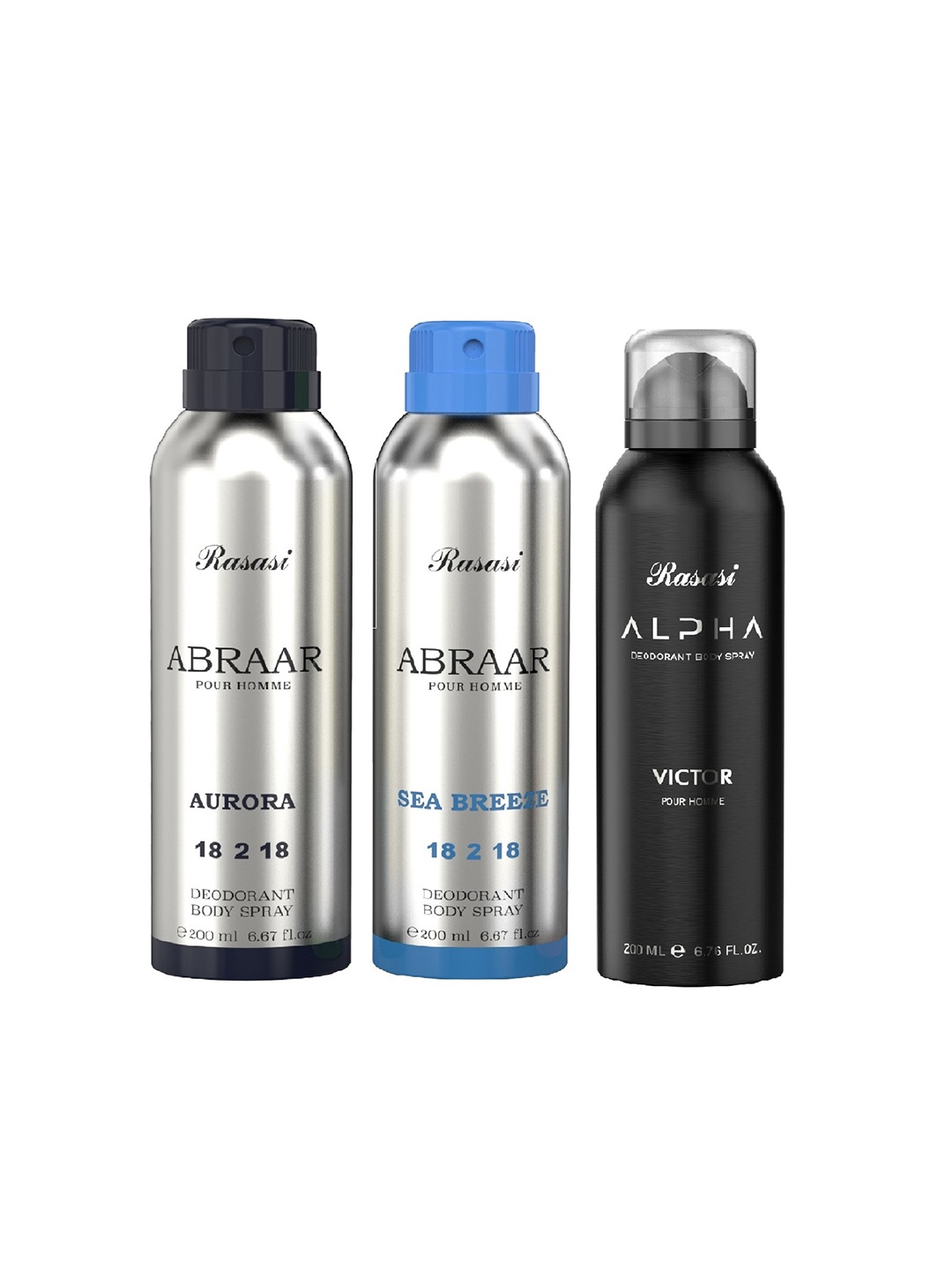 

Rasasi Set Of 3 Abraar Aurora, Alpha Victor & Sea Breeze Deodorant Body Spray - 200ml Each, Multi