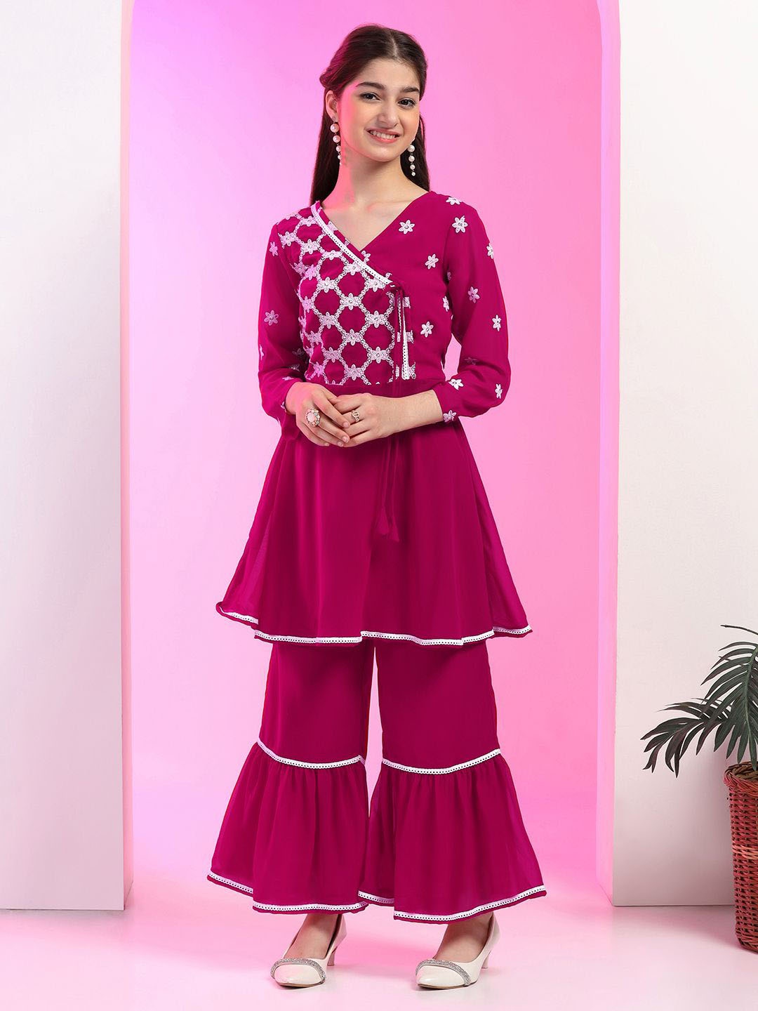 

FASHION DREAM Girls Floral Embroidered V-Neck Georgette Angrakha A-Line Kurta with Sharara, Pink