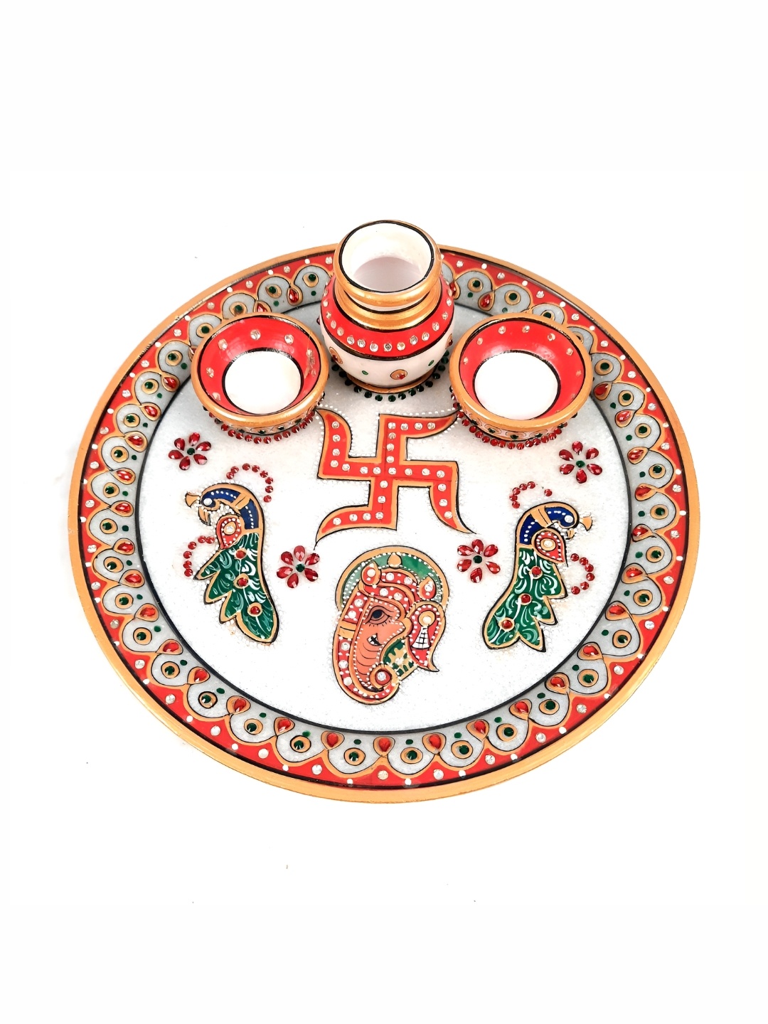 

apka mart White & Red Printed Marble Pooja Plate With Bowl & Kalash