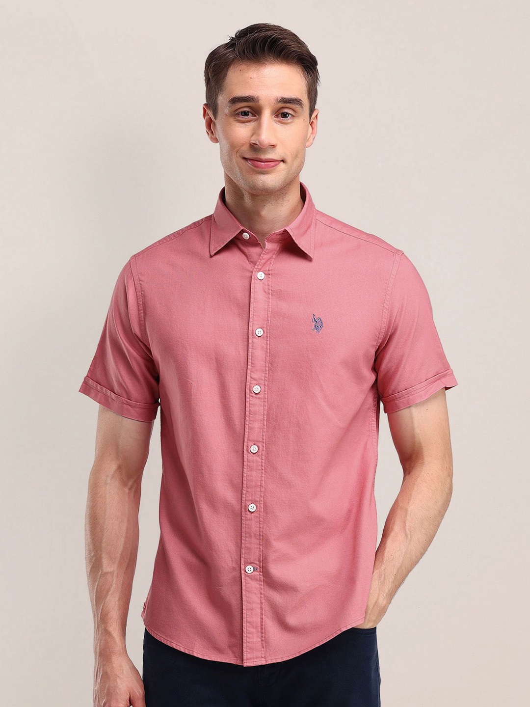 

U.S. Polo Assn. Men Modern Spread Collar Solid Cotton Slim Fit Casual Shirt, Pink