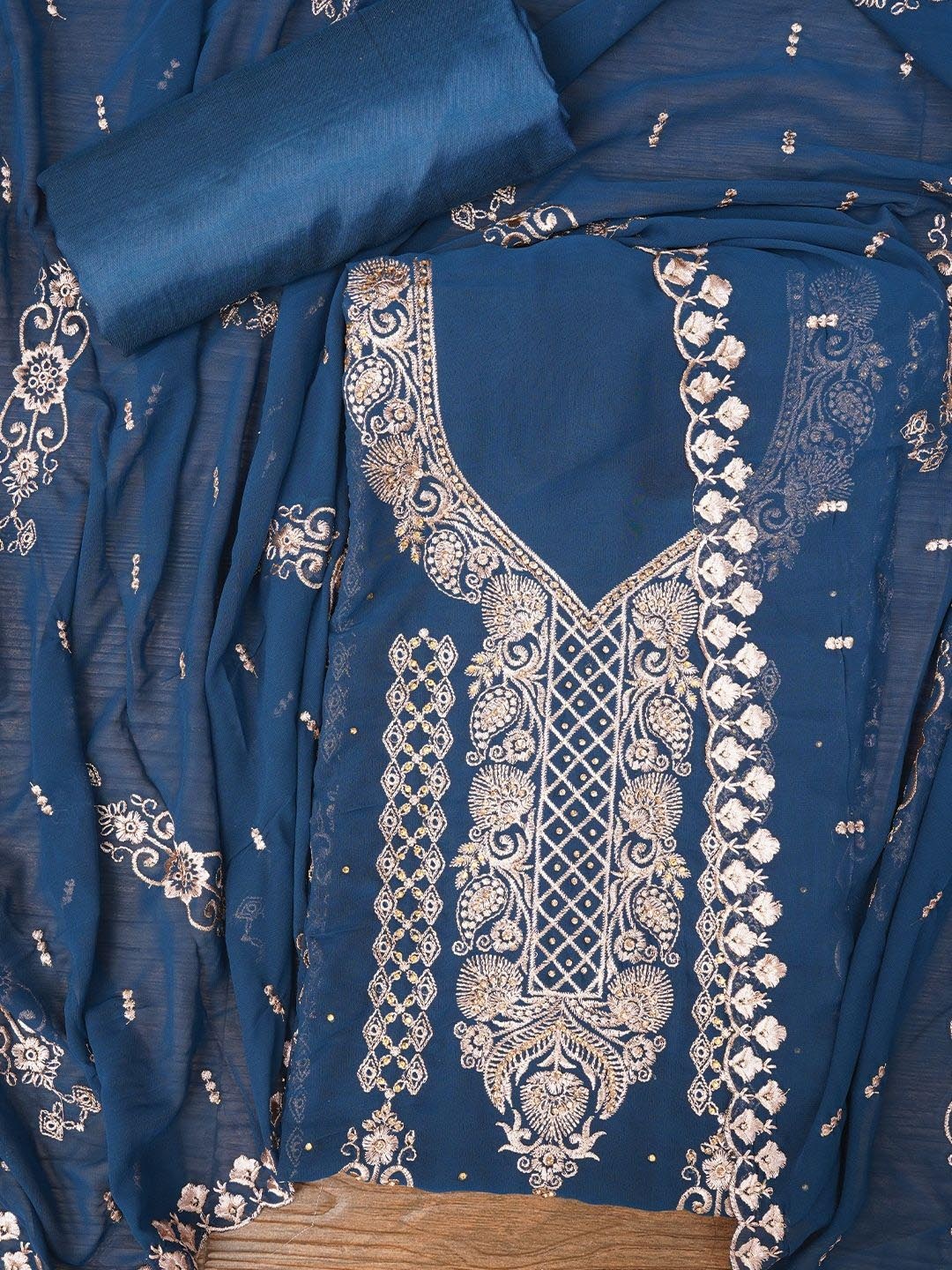 

Jaipur Kurti Zari Silk Georgette Dress Material with Dupatta, Blue