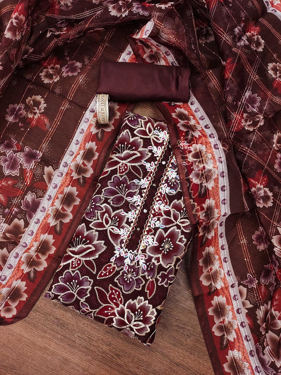 

Maroosh Floral Embroidered Beads and Stones Organza Unstitched Dress Material, Maroon