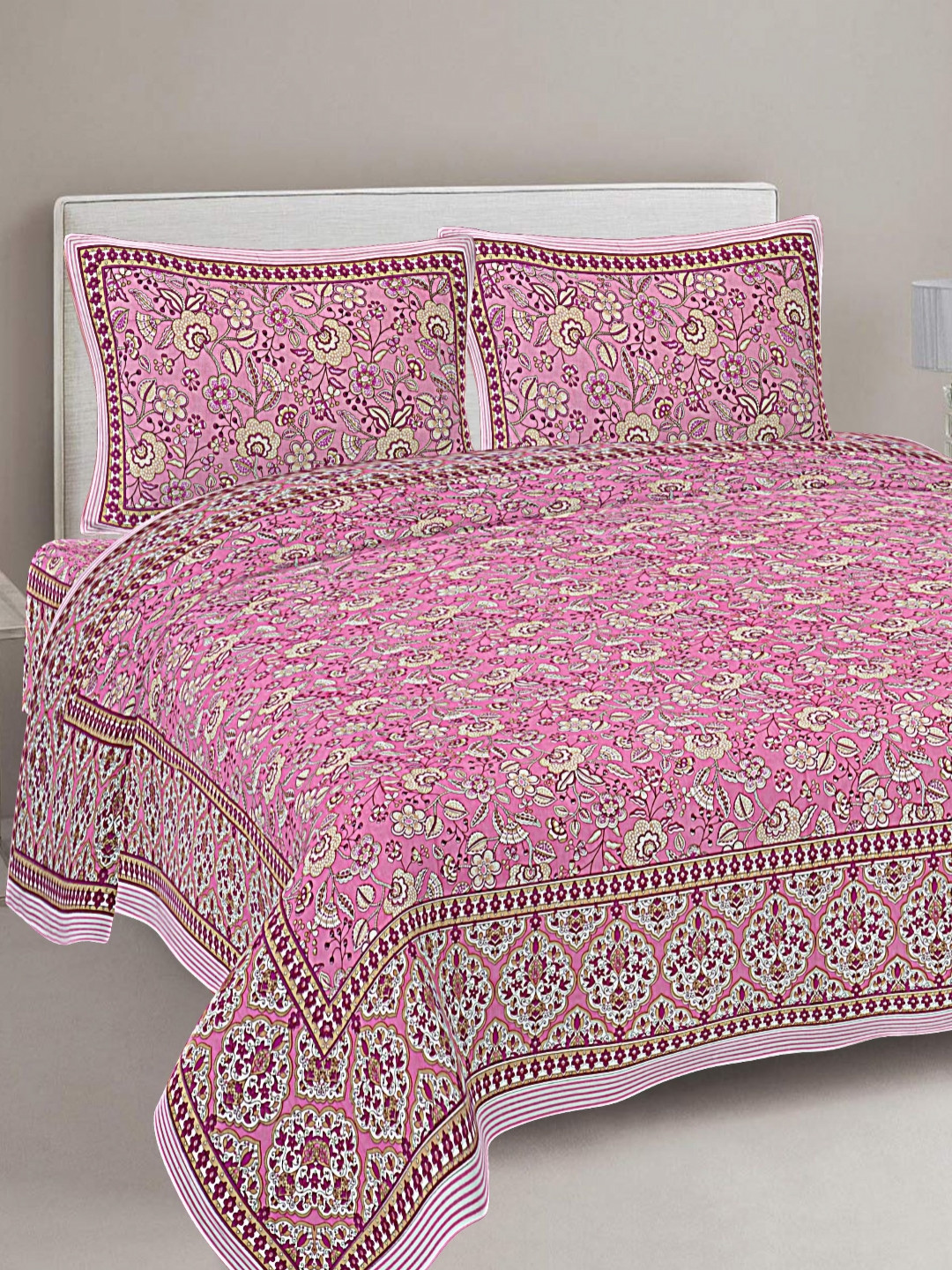 

FrionKandy Living Pink Floral Printed Cotton 180 TC King Bedsheet With 2 Pillow Covers