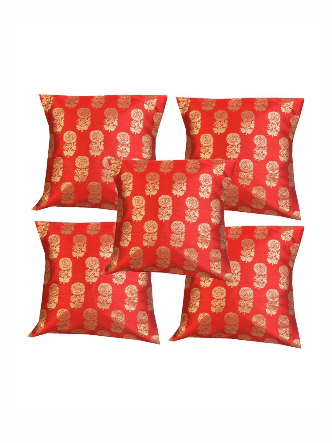 

Pink Parrot Red & Gold-Toned 5 Pieces Jacquard Ethnic Motifs Square Cushion Covers