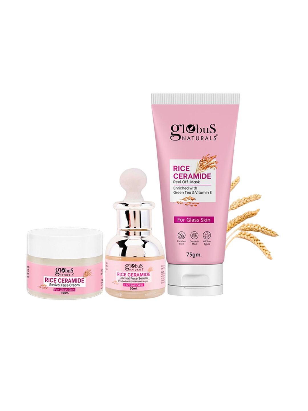 

Globus naturals Set Of 3 Rice Ceramide Face Serum -30ml Cream-50g & Peel Of Mask-75g, White