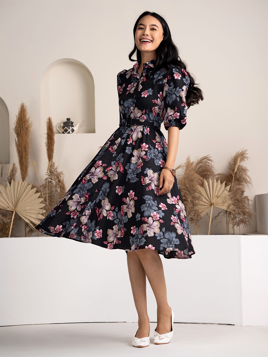 

AASK Floral Printed Belted Tiered Fit & Flare Dress, Black