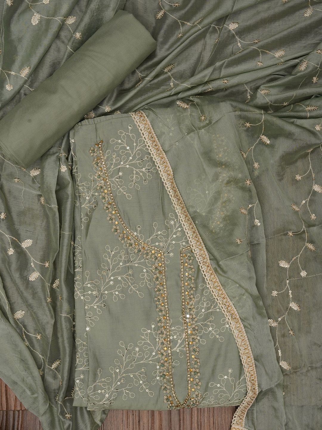 

Jaipur Kurti Sequin Embroidered Pure Cotton Dress Material with Dupatta, Sea green