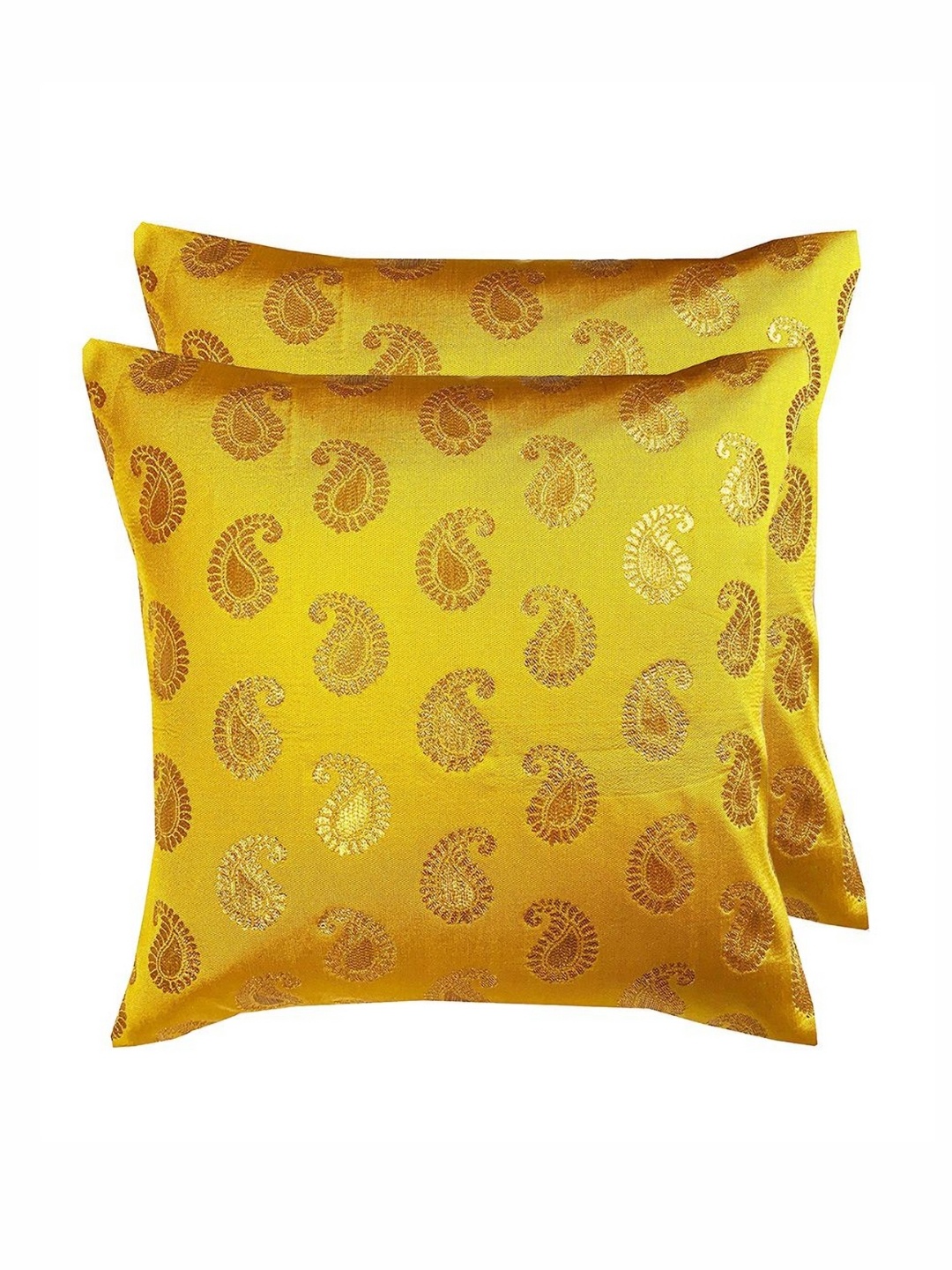 

Pink Parrot Yellow & Gold Toned 2 Pieces Ethnic Motifs Printed Square Cushion Covers