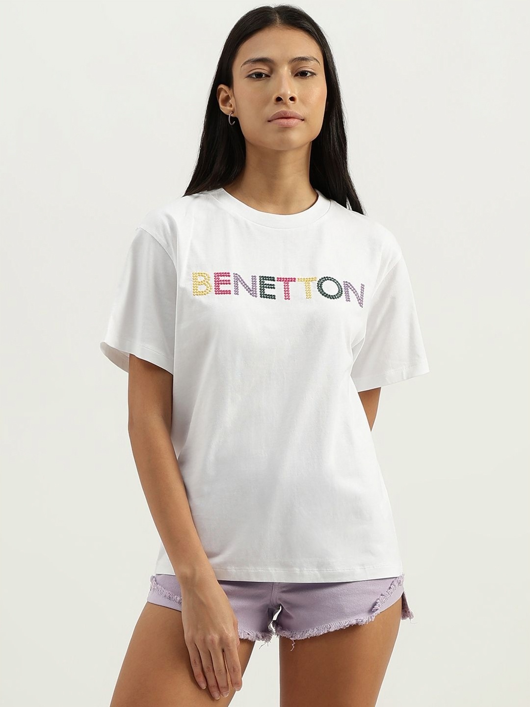 

United Colors of Benetton Women Typography Printed Round Neck Pure Cotton T-shirt, White