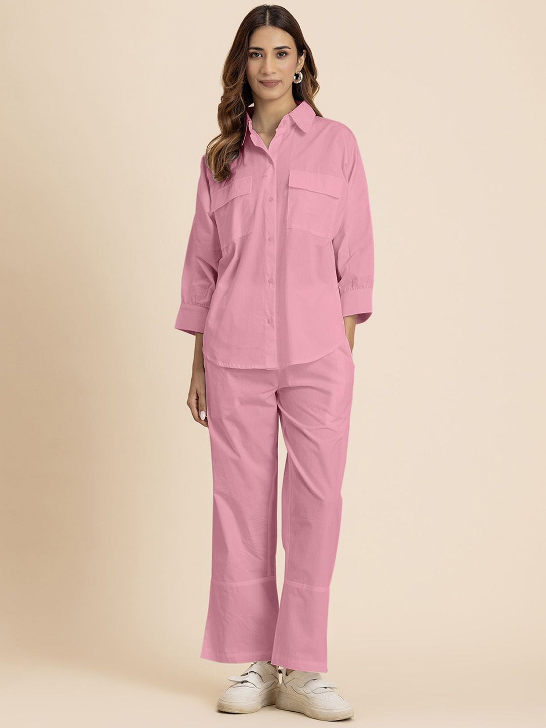 

Moomaya Cuffed Sleeves Pure Cotton Shirt With Trousers, Pink