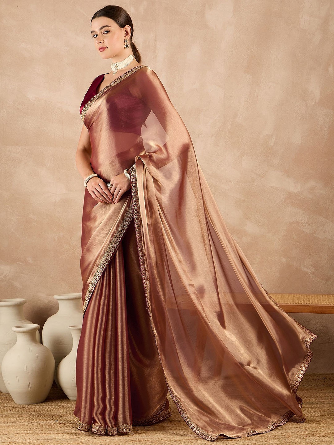 

all about you Embroidered Pure Chiffon Saree, Copper