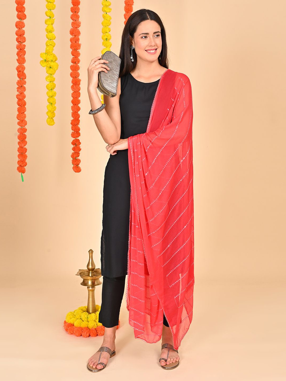 

HELLA FASHIONS Striped Mukaish Sequence Embroidery Chiffon Dupatta, Coral