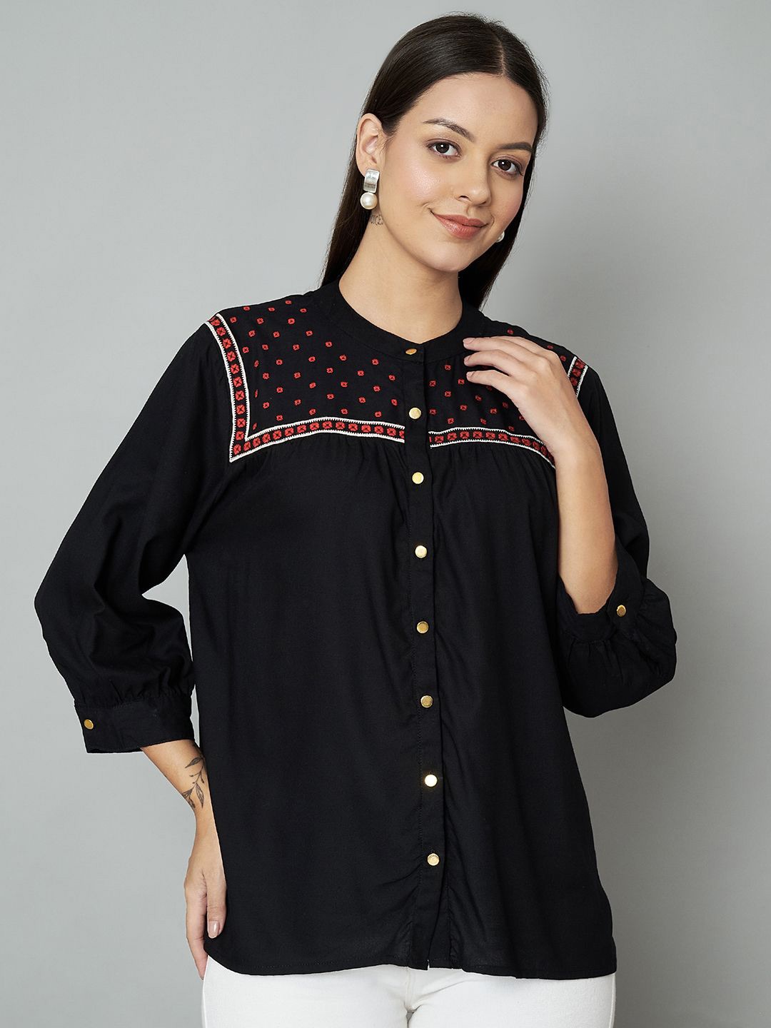 

all about you Embroidered Shirt Style Top, Black