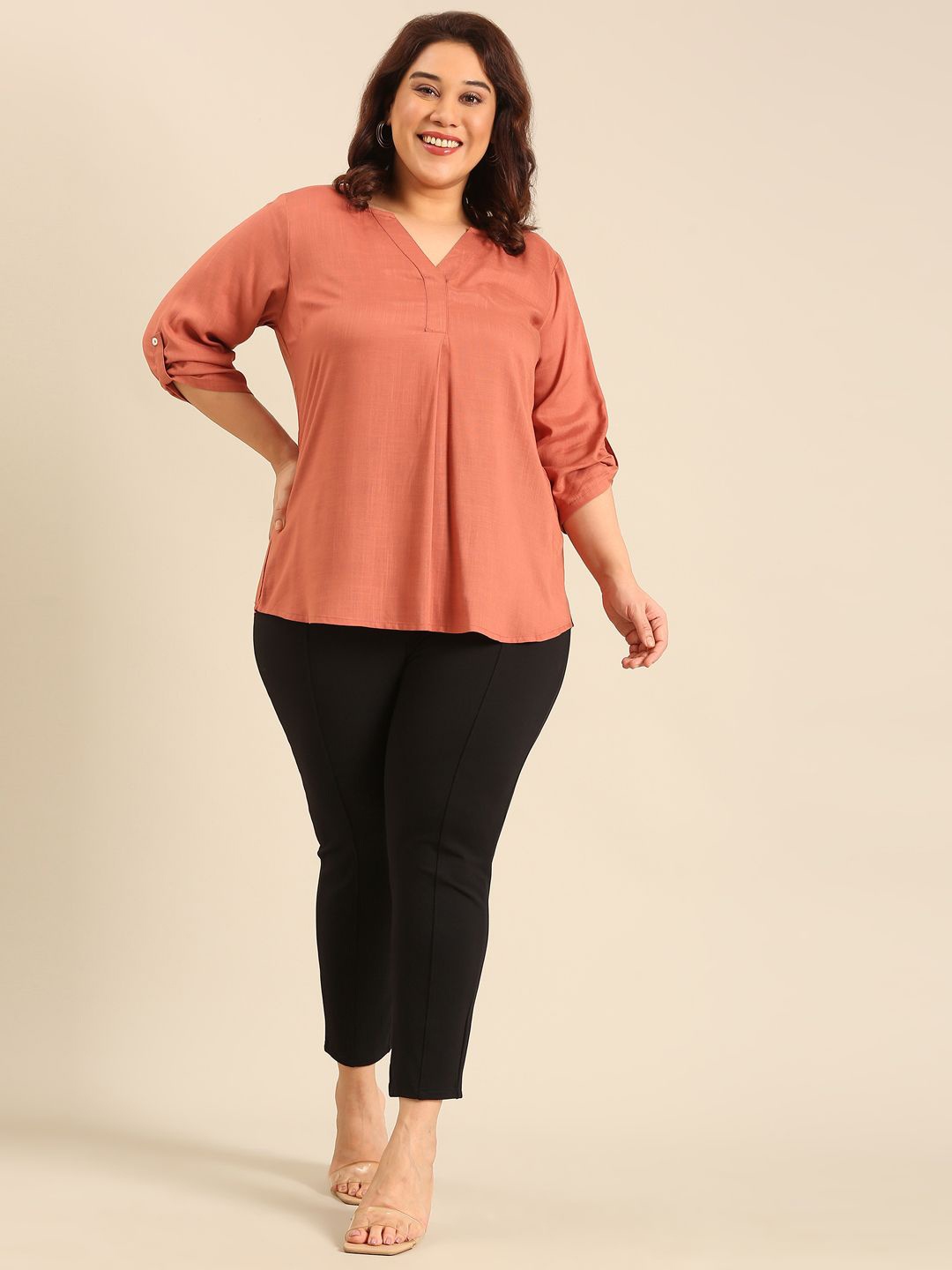 

The Pink Moon Women Solid V-Neck Plus Size Top, Peach