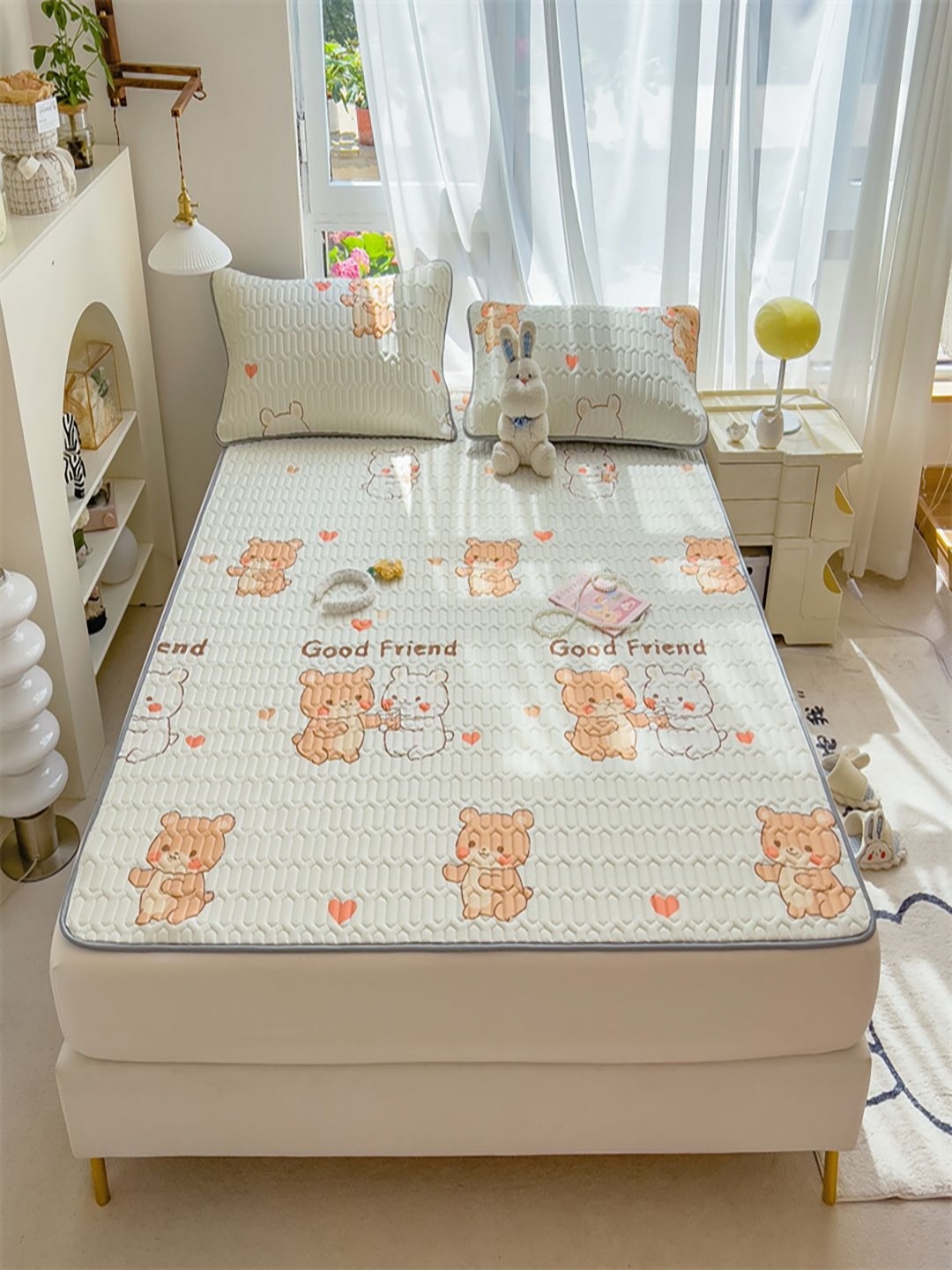 

JC HOME Cream-Coloured & Orange 160 TC Fitted Queen Bedsheet with 2 Pillow Covers