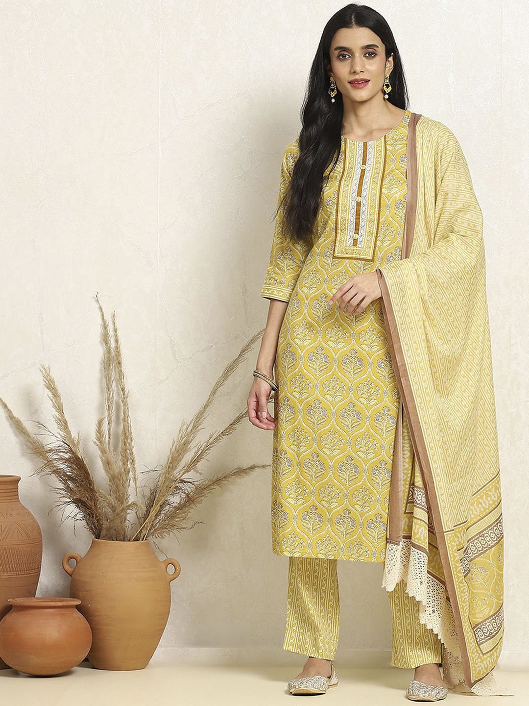 

Biba Ethnic Motifs Printed Pure Cotton Unstitched Dress Material, Yellow