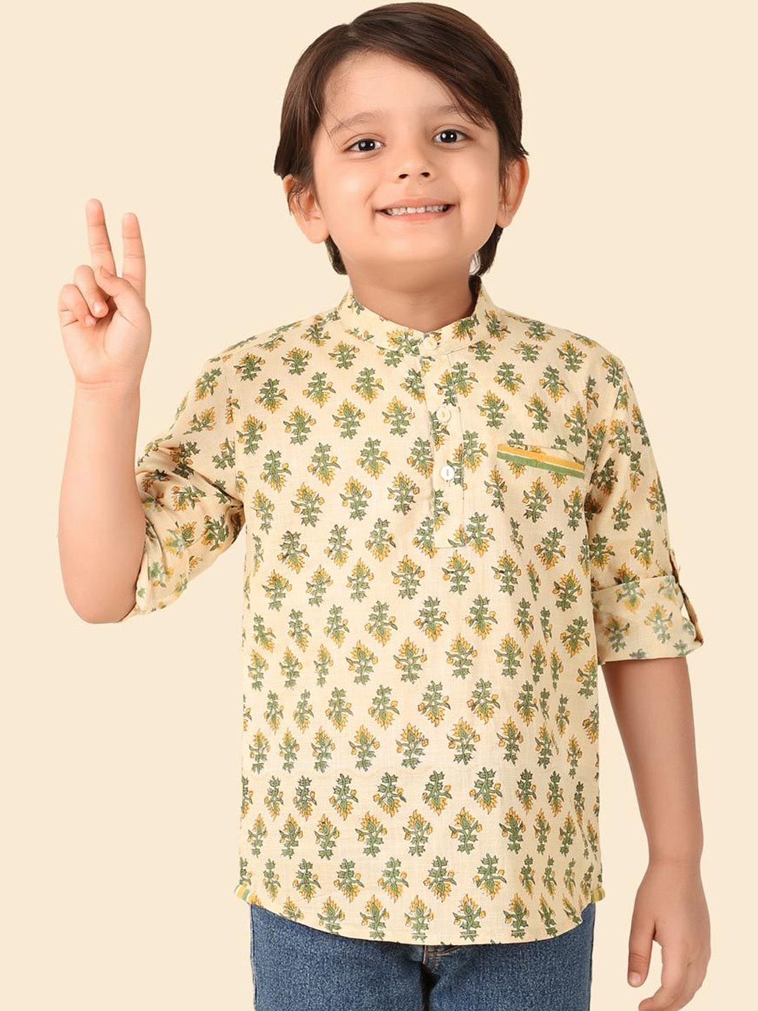 

Fabindia Boys Floral Printed Band Collar Cotton Straight Short Kurta, Beige